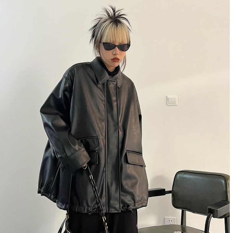 Elegant  Black PU Leather Coat for Women