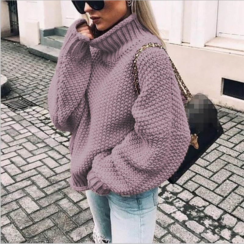 Autumn/Winter New Curled-Edge High-Neck Bat Sleeve Sweater for Women with Thick Line Detail