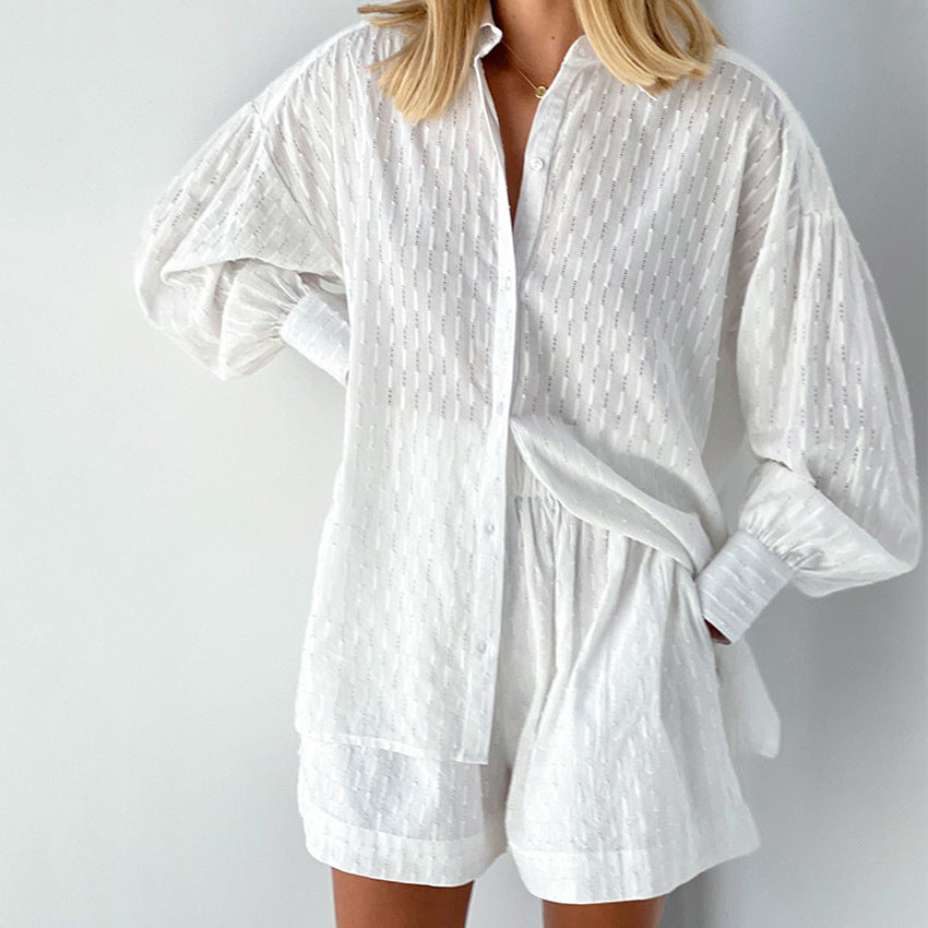 Summer Women's Shirt Jacquard Bubble Sleeve Temperament Top Shorts Commuter Design Sense Of Leisure Suit
