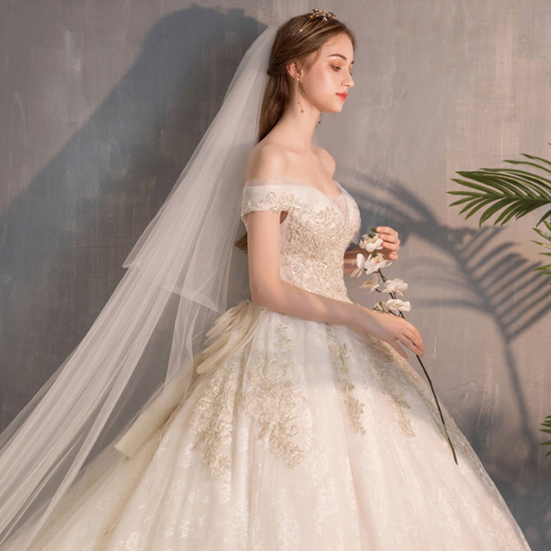 New One-shoulder Princess Dream Court Bride Plus Size Luxury Super Fairy Star Long Train Wedding Dress