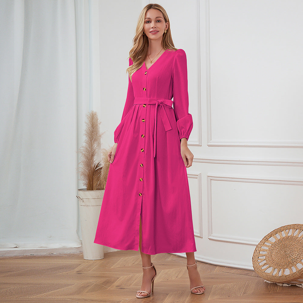 V-Neck Single-Breasted Slim-Fit Dress Plus-Size Women's Clothing