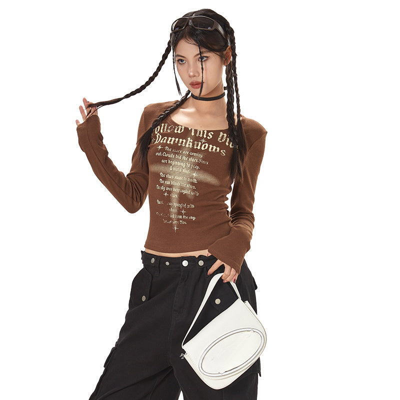 Women's Spice Girl U-Neck Slim Letter Long Sleeve T-Shirt Woman Autumn Slim Slim Short Top Woman