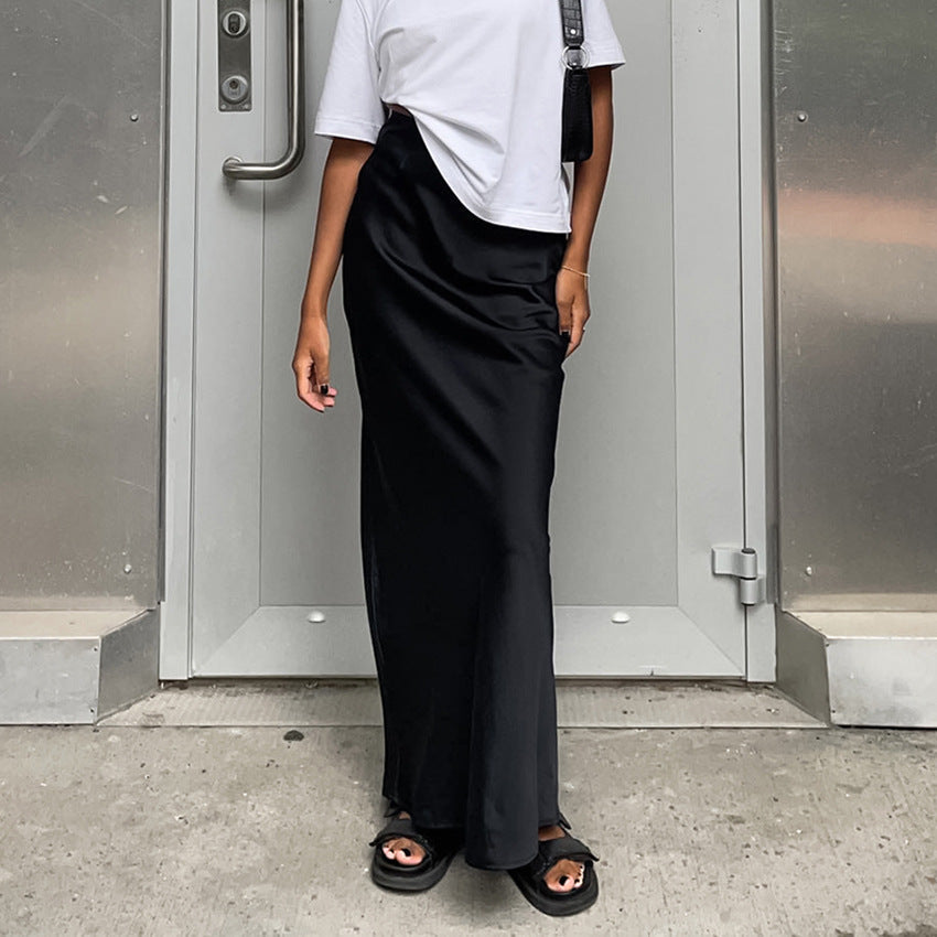 Autumn Women's Imitation Acetate Butyl Black Skirt Women's Commuter Satin Drop Fishtail Skirt