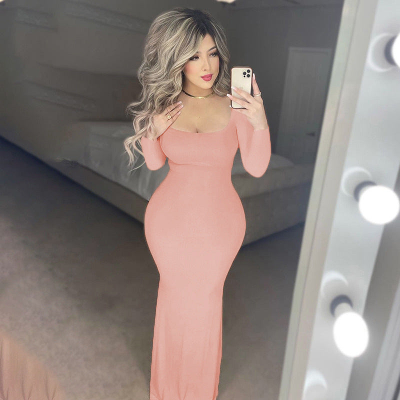 Casual Long-Sleeved High-Waisted Slim-Fit Halter Dress
