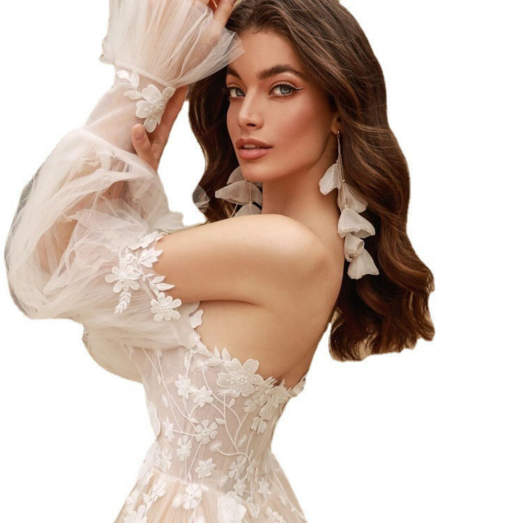 Light Wedding Dress New Vintage Lace Mori Travel Shoot Outdoor One Line Shoulder Bride Out Yarn Fashion