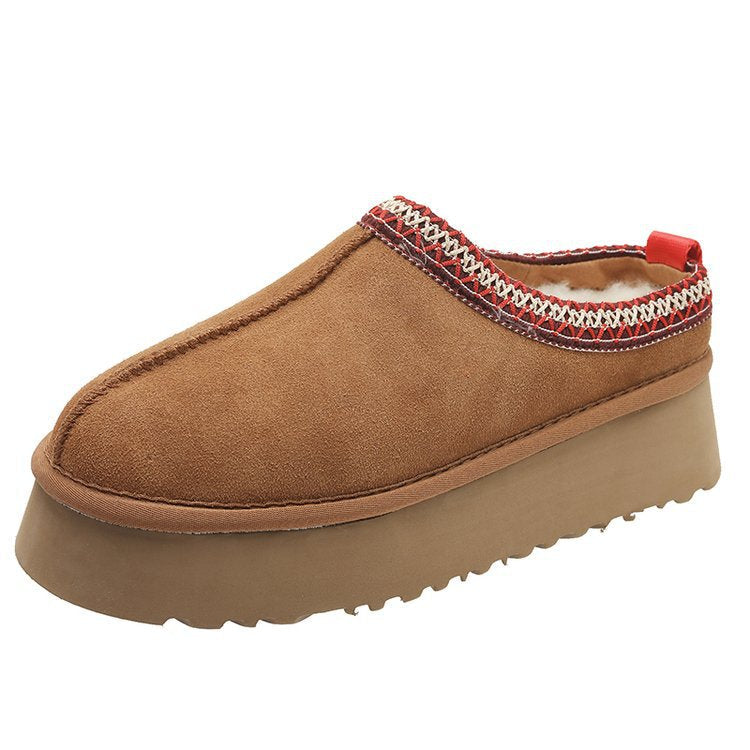 New lazy man a slip-on snow boots women's new winter fur one head slippers muffin thick sole woolen cotton shoes