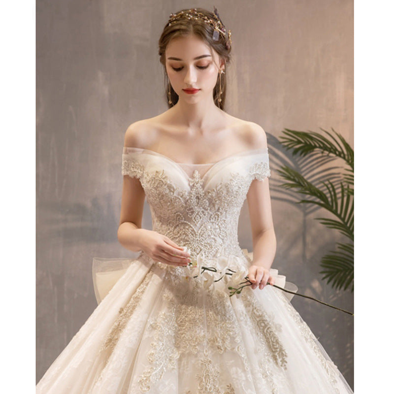 New One-shoulder Princess Dream Court Bride Plus Size Luxury Super Fairy Star Long Train Wedding Dress