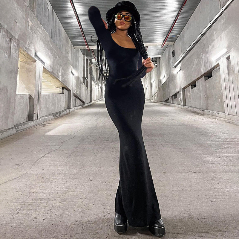 Casual Long-Sleeved High-Waisted Slim-Fit Halter Dress