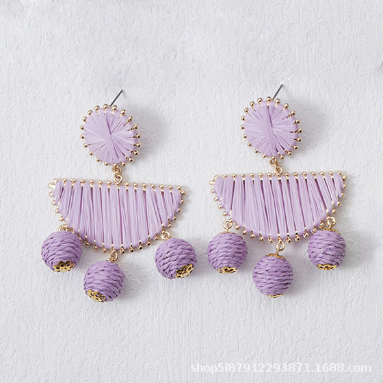 5 pairs Fan-Shaped Hand-Woven Raffia Grass Round Fringe Exaggerated Female Earrings