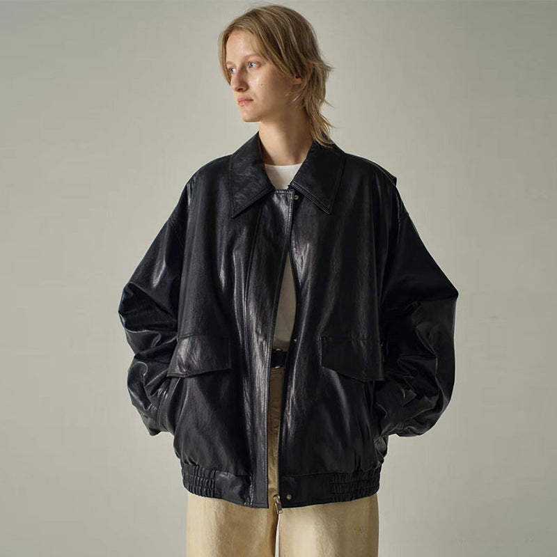 Women's New Leather  Autumn And Winter Minimalist Broad Shoulder Advanced Sense Motorcycle Wind Slimming Jacket