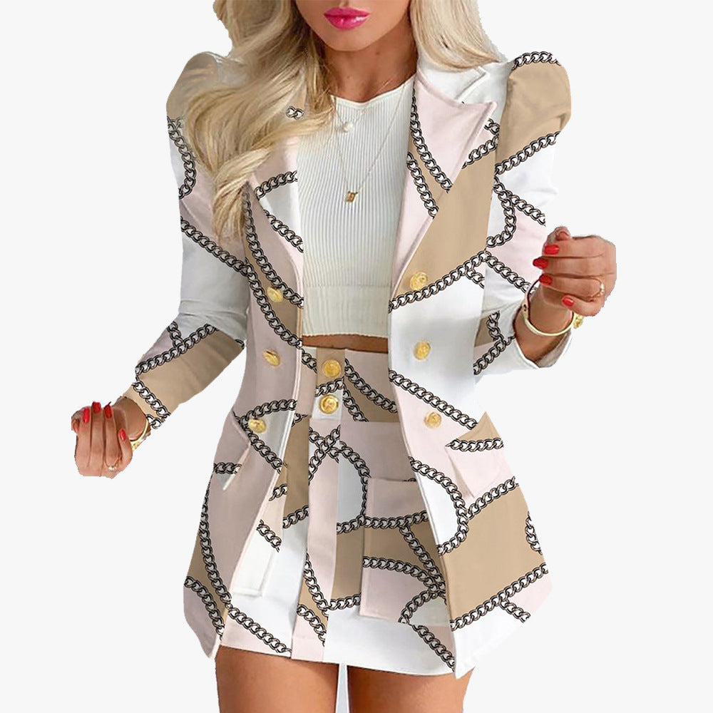 Women's Dress Autumn And Winter Fashion Temperament Printed Princess Sleeve Skirt Suit Professional Suit For Women