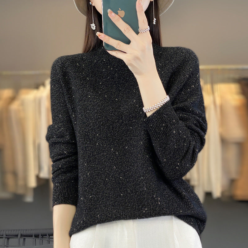 Half Turtleneck 100 Pure Woolen Sweater Ladies Loose Jacquard Base With Long Sleeve Winter Cashmere Sweater Heavy Thickening