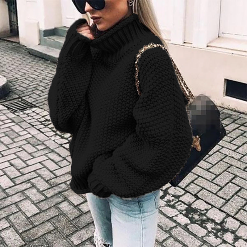 Autumn/Winter New Curled-Edge High-Neck Bat Sleeve Sweater for Women with Thick Line Detail