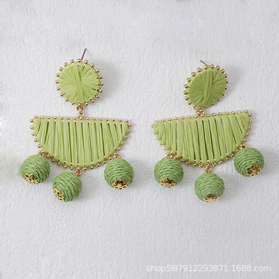 5 pairs Fan-Shaped Hand-Woven Raffia Grass Round Fringe Exaggerated Female Earrings