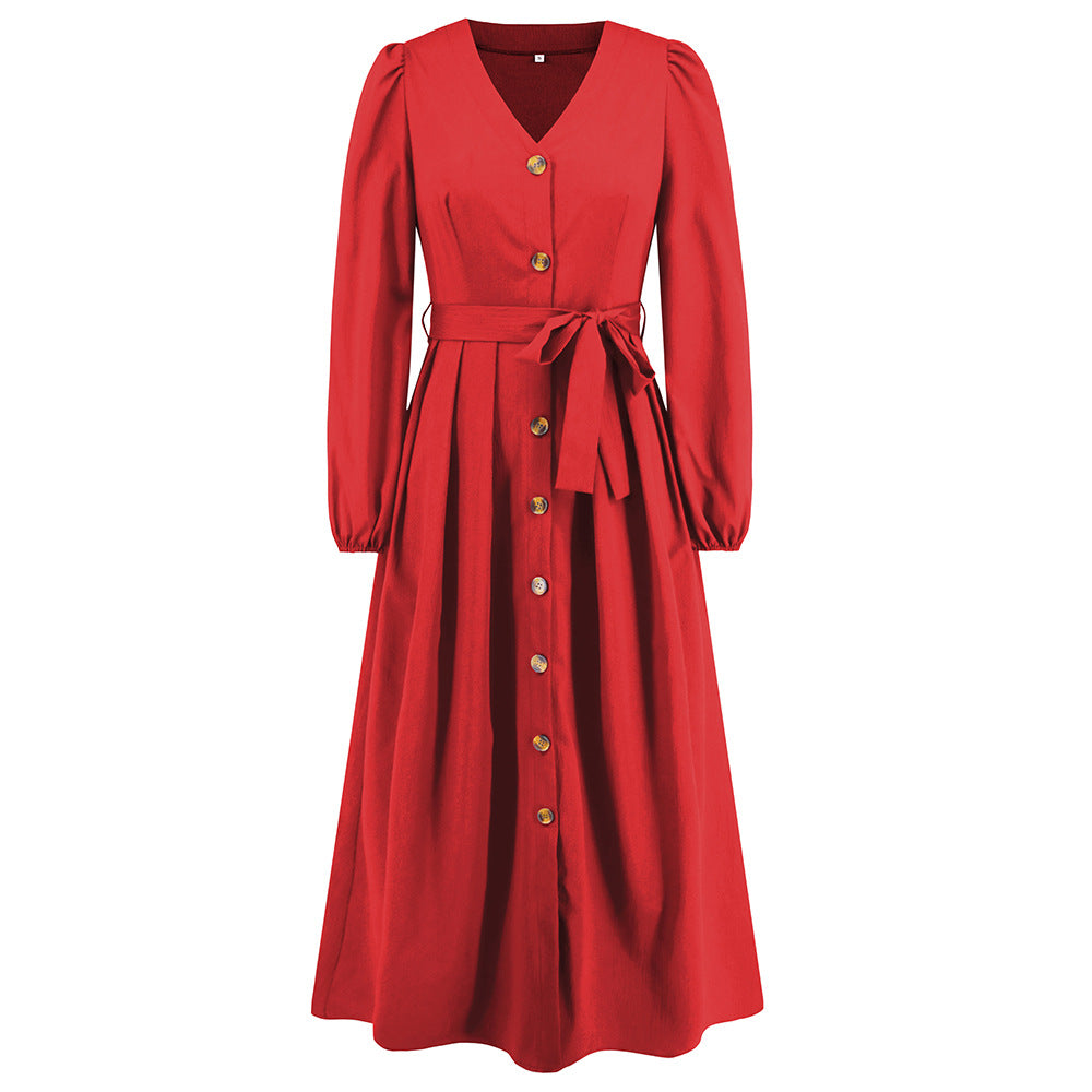 V-Neck Single-Breasted Slim-Fit Dress Plus-Size Women's Clothing