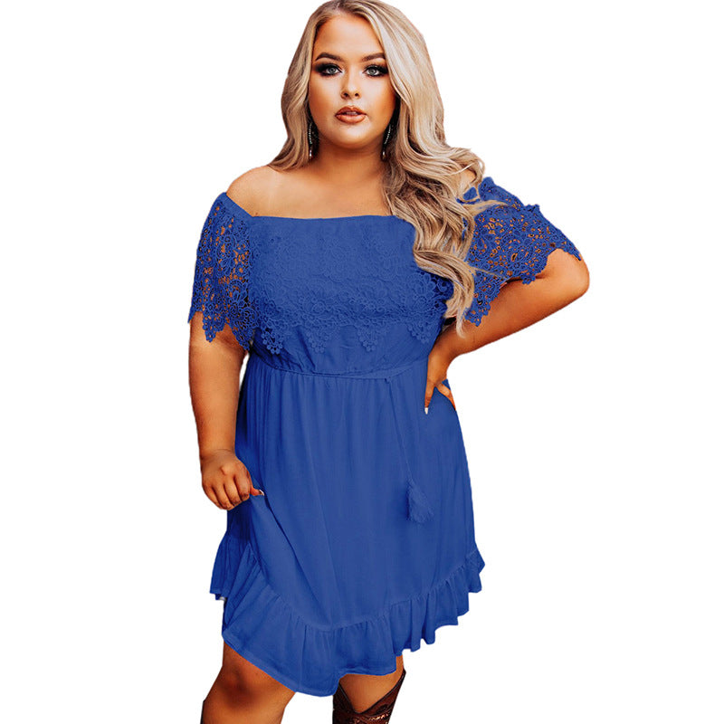 Summer New Lace Short Sleeve Large Size Dress Solid Color Line Collar Dress