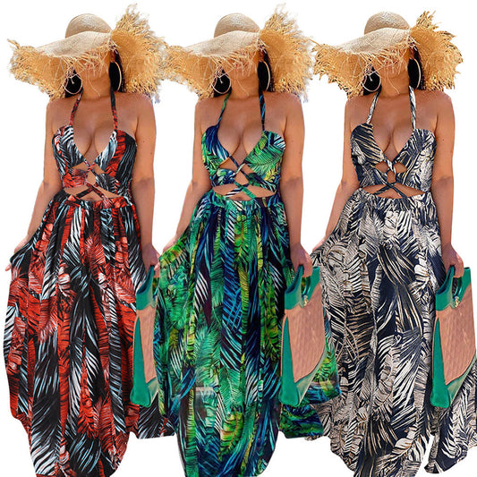 Women's Dress Summer New Skirt Fashion Temperament Printed Character Halter Strap Dress Female Spot