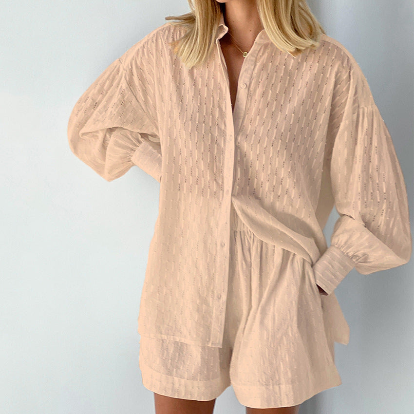 Summer Women's Shirt Jacquard Bubble Sleeve Temperament Top Shorts Commuter Design Sense Of Leisure Suit