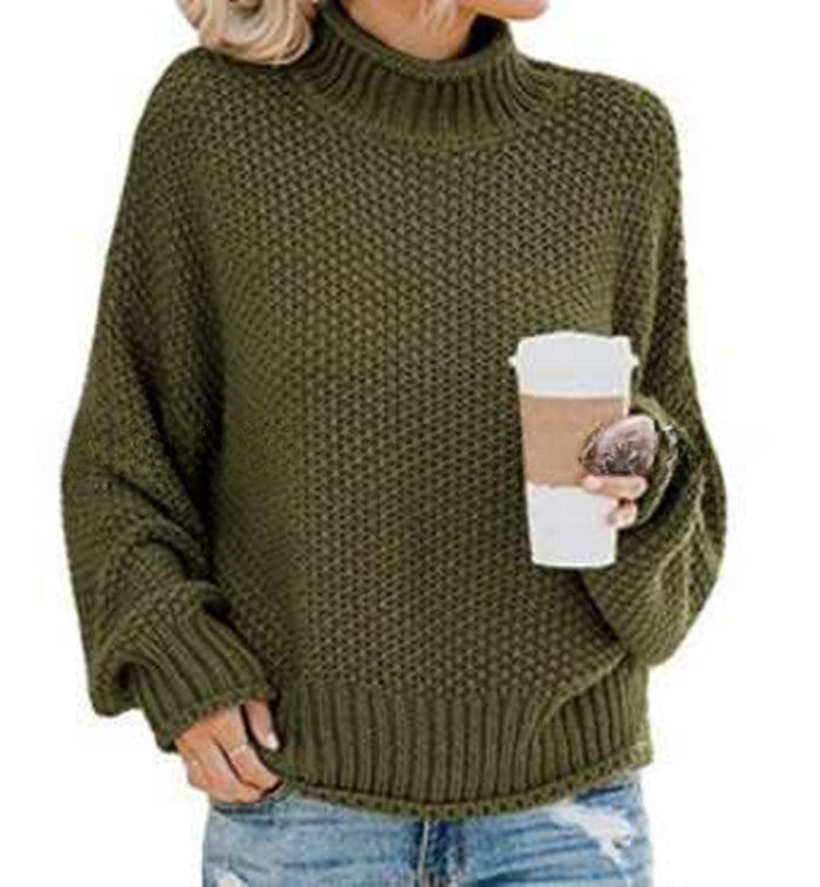 Autumn/Winter New Curled-Edge High-Neck Bat Sleeve Sweater for Women with Thick Line Detail